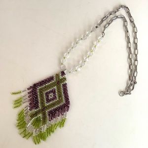 Pink quartz boho festival necklace with handmade beaded pendant